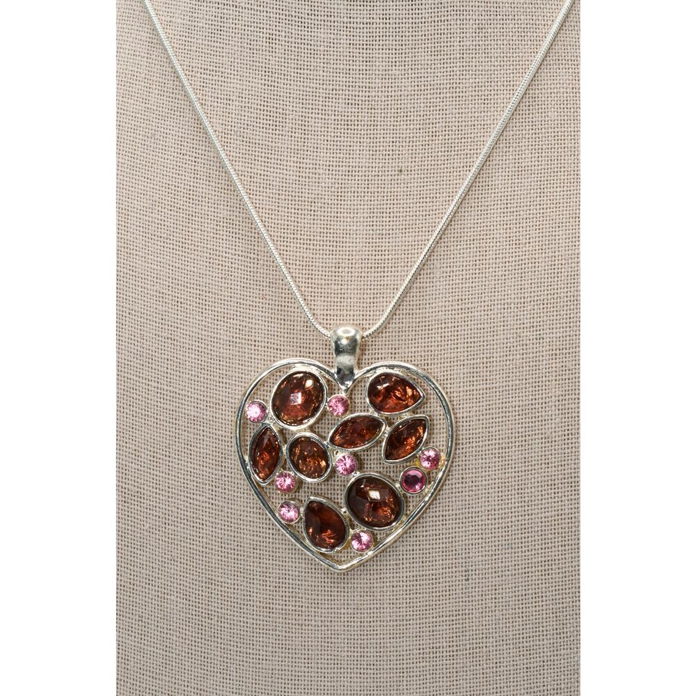 Vintage Rhinestone Heart Necklace Pink Rose Stones Silver Tone 18 Inch